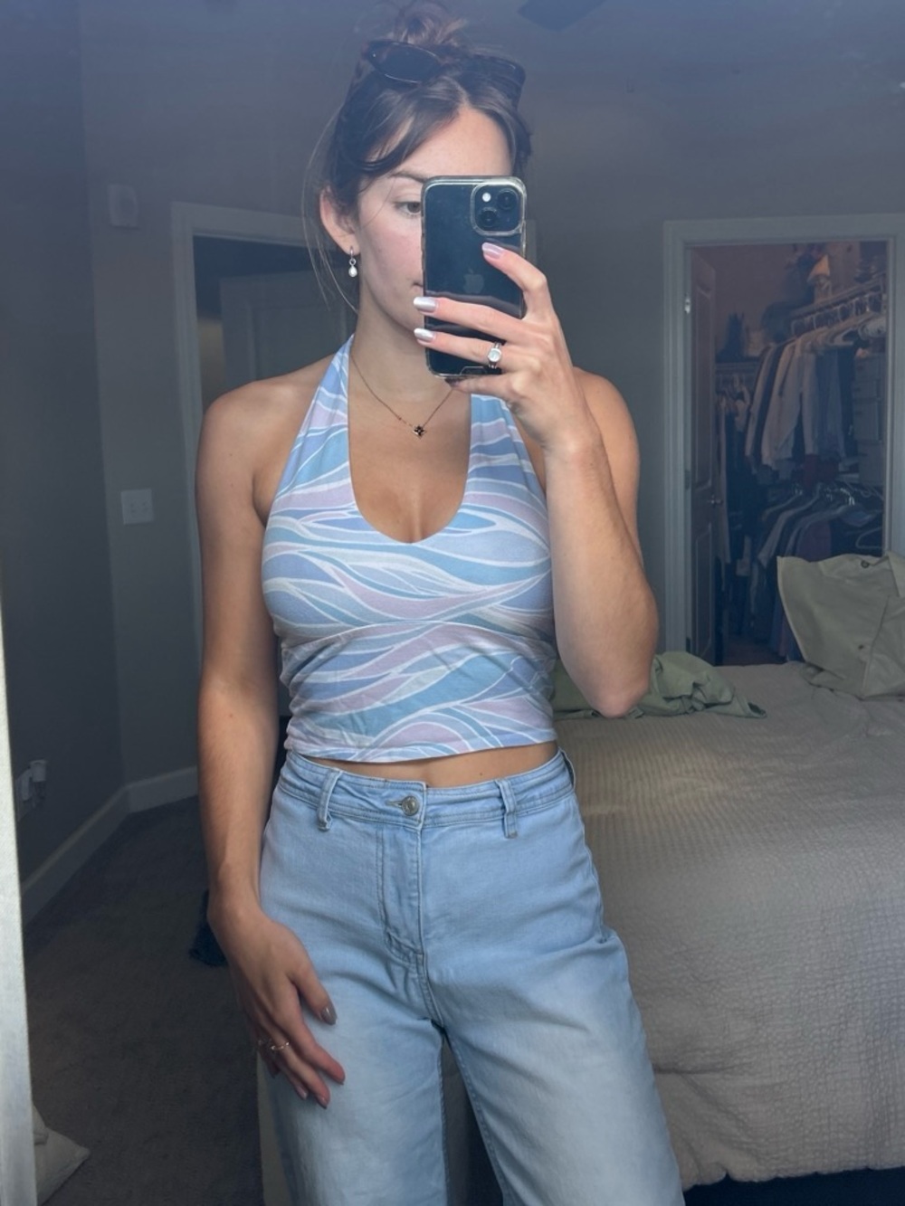Hollister Pastel Blue & Light Pink Swirl Halter Crop Top
